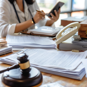 Doctora preparando documentación para la Solicitud de incapacidad permanente absoluta en su escritorio
