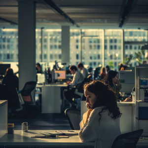 Mujer reflexionando sola en una oficina moderna, considerando las implicaciones de una alta médica voluntaria en su entorno laboral.