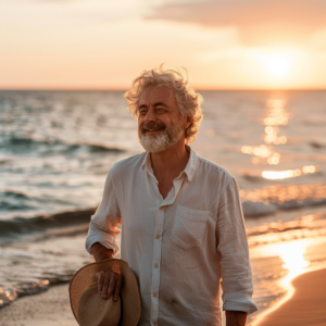 "Hombre mayor disfrutando alegremente del atardecer en la playa, encarnando las ventajas de la jubilación parcial"