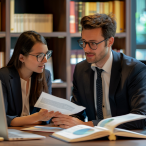 Abogados consultando sobre pago directo de la mutua en una reunión de oficina