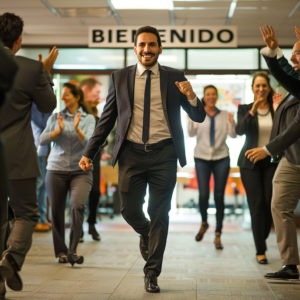 Empleado siendo recibido con aplausos tras readmisión por despido improcedente