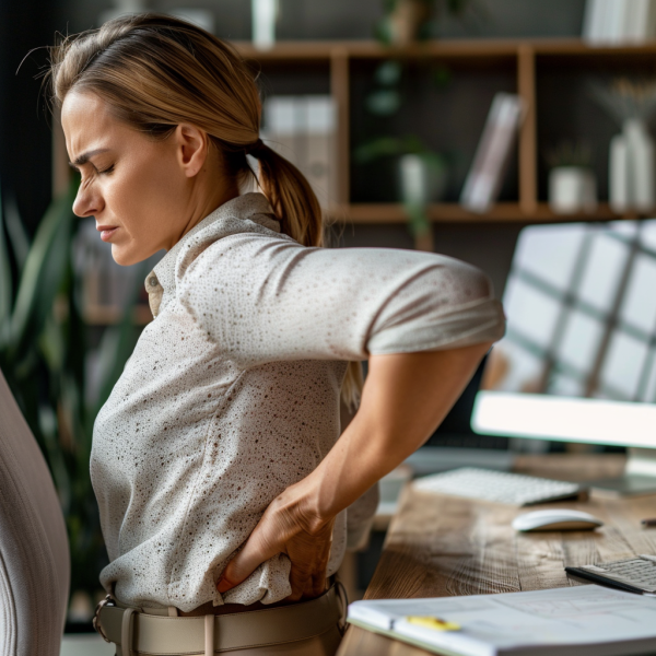 Mujer enfrentando incapacidad por hernia discal en ambiente laboral