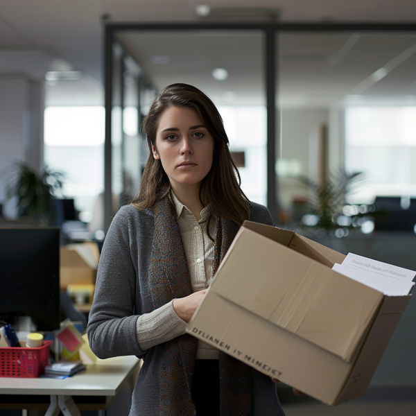 Mujer sosteniendo una caja al ser despedida, reflejando la necesidad de conciliación laboral por despido