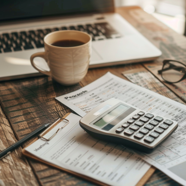 Calcula Tu Pensión: Herramientas Esenciales para la Jubilación Escritorio organizado con herramientas para calcular la pensión de jubilación, incluyendo una calculadora y café.