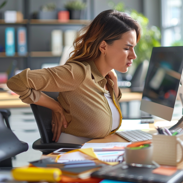 Descubre tus derechos si sufres de incapacidad por hernia discal en el trabajo Mujer con dolor de espalda en la oficina posiblemente sufriendo de incapacidad por hernia discal