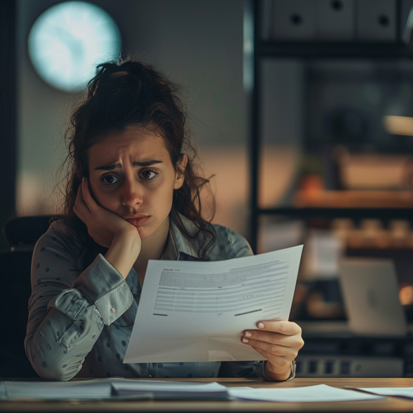 Persona visiblemente angustiada sentada en su escritorio en una oficina moderna, sosteniendo una carta de despido inesperada. Su expresión refleja conmoción y tristeza, mientras documentos personales y objetos aún se encuentran sobre el escritorio, subrayando la repentina naturaleza del despido. Un reloj marcando la hora de cierre y una iluminación tenue en la oficina complementan la atmósfera de injusticia