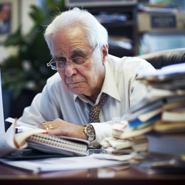 Hombre mayor de 65 años en su oficina, reflexionando sobre su inminente jubilación mientras observa un calendario marcado con la fecha, rodeado de montones de papeles y una computadora, en un espacio personalizado con fotos familiares y una planta