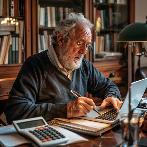 Planificando tu Futuro: Calcula tu Pensión de Jubilación-00b1-45ce-81d4-e828b5b42ff1_1 Hombre mayor calculando su pensión de jubilación con la ayuda de un asesor financiero en un entorno hogareño
